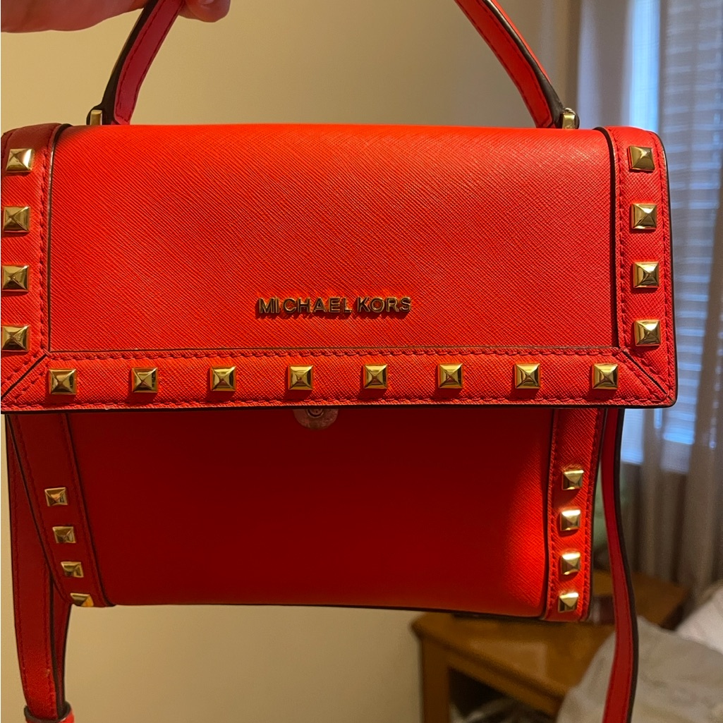 Michael Kors Red Satchel With Gold Stud Accents